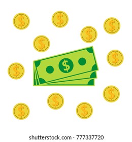 Money Banknotes And Coins. Flat design. On the white background. Vector.