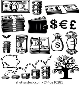 Money banknotes, coins, wallet, piggy bank, tree with money. Dollars and cents silhouettes.