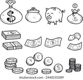 Money banknotes, coins, wallet, piggy bank. Dollars and cents silhouettes.