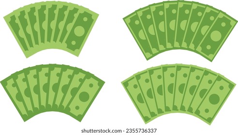 Clipart de fanáticos de los billetes de dinero. Vector de dibujos animados de Money fan Currency. Ilustración de diseño de billetes en dólares en dólares de los billetes en euros verdes se enriquece el capital. Billete, inversión, concepto de finanzas. Mercado bursátil