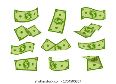 Money banknotes flat cartoon set. Green dollar in various positions, bank currency sign falling. Hundreds dollars cash bundle, green raining bill. Isolated vector illustration