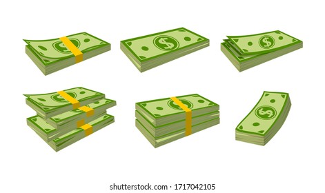 Money banknotes flat cartoon set. Packing in bundles bank notes. Green dollar in various bundles, currency sign pack. Hundreds dollars cash, green paper bills. Isolated vector illustration
