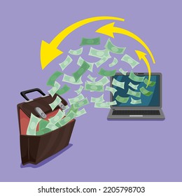 Los billetes de banco salen de la pantalla de la computadora y entran en la maleta, ilustrador de dibujos animados vectoriales dibujando imágenes
