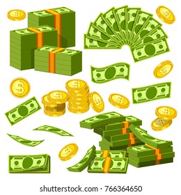 Money banknotes and golden coins bank dollars and cents piles and heaps vector icons