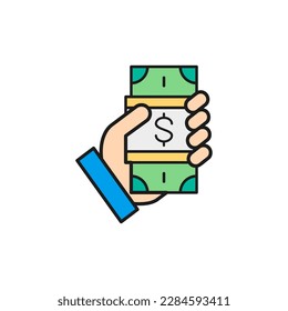 Money banknotes on hand, cash payment color lineal icon. Cash payment, paper bill, dollar symbol design.