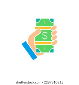 Money banknotes on hand, cash payment white outline icon. Cash payment, paper bill, dollar symbol design.