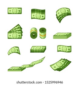 Money banknotes single and stacked vector icons set. Paper cash cartoon illustrations pack. Green dollar bill rolls isolated on white background. Finance system, wealth and prosperity symbols