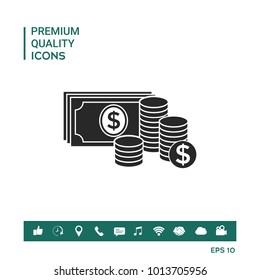Money banknotes stack and Stack of coins icon with dollar symbol