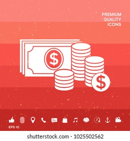 Money banknotes stack and Stack of coins icon with dollar symbol