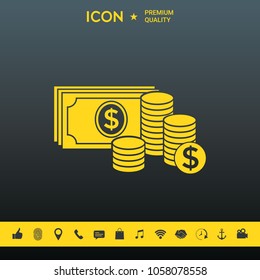 Money banknotes stack and Stack of coins icon with dollar symbol
