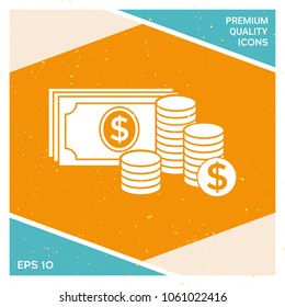Money banknotes stack and Stack of coins icon with dollar symbol