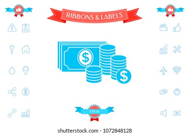 Money banknotes stack and Stack of coins icon with dollar symbol