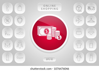 Money banknotes stack and Stack of coins icon with dollar symbol
