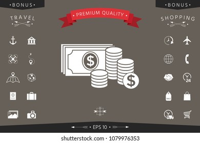 Money banknotes stack and Stack of coins icon with dollar symbol