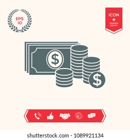 Money banknotes stack and Stack of coins icon with dollar symbol