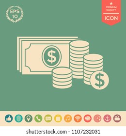 Money banknotes stack and Stack of coins icon with dollar symbol