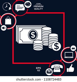 Money banknotes stack and Stack of coins icon with dollar symbol