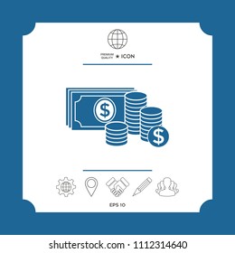 Money banknotes stack and Stack of coins icon with dollar symbol