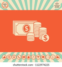 Money banknotes stack and Stack of coins icon with dollar symbol