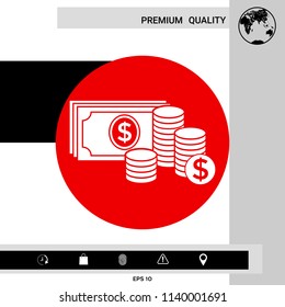 Money banknotes stack and Stack of coins icon with dollar symbol