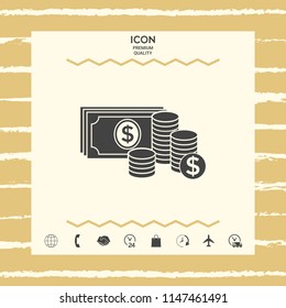 Money banknotes stack and Stack of coins icon with dollar symbol