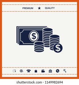 Money banknotes stack and Stack of coins icon with dollar symbol
