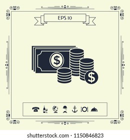 Money banknotes stack and Stack of coins icon with dollar symbol