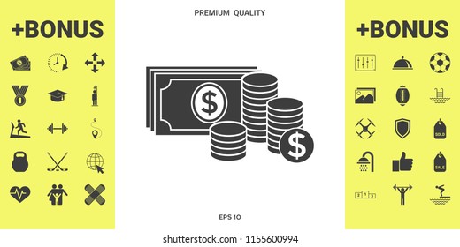 Money banknotes stack and Stack of coins icon with dollar symbol