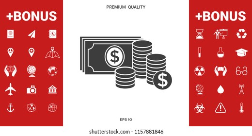 Money banknotes stack and Stack of coins icon with dollar symbol