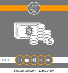 Money banknotes stack and Stack of coins icon with dollar symbol