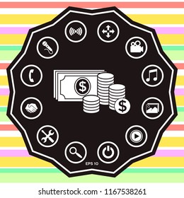Money banknotes stack and Stack of coins icon with dollar symbol