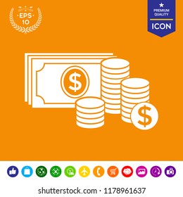 Money banknotes stack and Stack of coins icon with dollar symbol