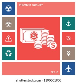 Money banknotes stack and Stack of coins icon with dollar symbol