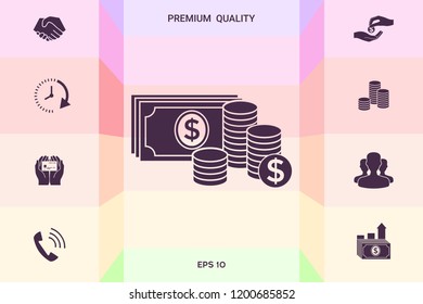 Money banknotes stack and Stack of coins icon with dollar symbol