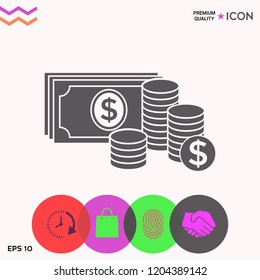 Money banknotes stack and Stack of coins icon with dollar symbol