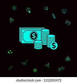Money banknotes stack and Stack of coins icon with dollar symbol