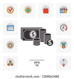 Money banknotes stack and Stack of coins icon with dollar symbol. Graphic elements for your design