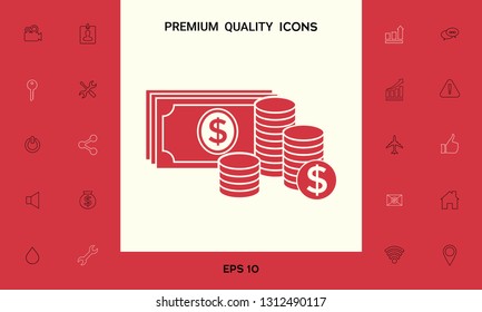Money banknotes stack and Stack of coins icon with dollar symbol. Graphic elements for your design