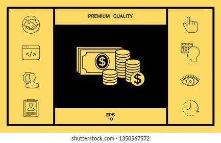 Money banknotes stack and Stack of coins icon with dollar symbol. Graphic elements for your design