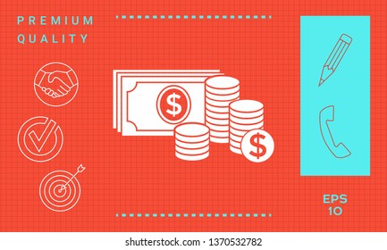 Money banknotes stack and Stack of coins icon with dollar symbol. Graphic elements for your design