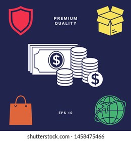 Money banknotes stack and Stack of coins icon with dollar symbol. Graphic elements for your design