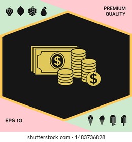 Money banknotes stack and Stack of coins icon with dollar symbol. Graphic elements for your design