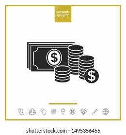 Money banknotes stack and Stack of coins icon with dollar symbol. Graphic elements for your design