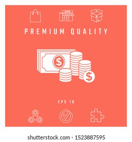 Money banknotes stack and Stack of coins icon with dollar symbol. Graphic elements for your design