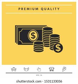 Money banknotes stack and Stack of coins icon with dollar symbol. Graphic elements for your design