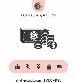 Money banknotes stack and Stack of coins icon with dollar symbol. Graphic elements for your design