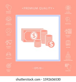 Money banknotes stack and Stack of coins icon with dollar symbol. Graphic elements for your design