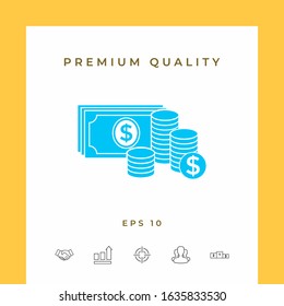 Money banknotes stack and Stack of coins icon with dollar symbol. Graphic elements for your design