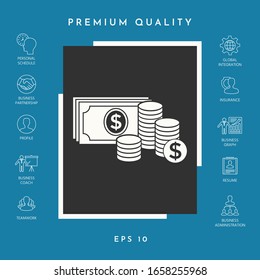 Money banknotes stack and Stack of coins icon with dollar symbol. Graphic elements for your design