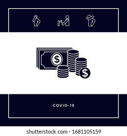 Money banknotes stack and Stack of coins icon with dollar symbol. Graphic elements for your design